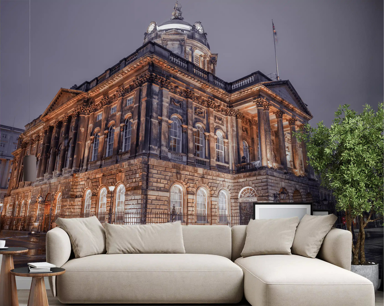 Nightfall Majesty wall mural covering a living room with warm amber stone tones