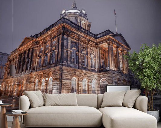Nightfall Majesty wall mural covering a living room with warm amber stone tones