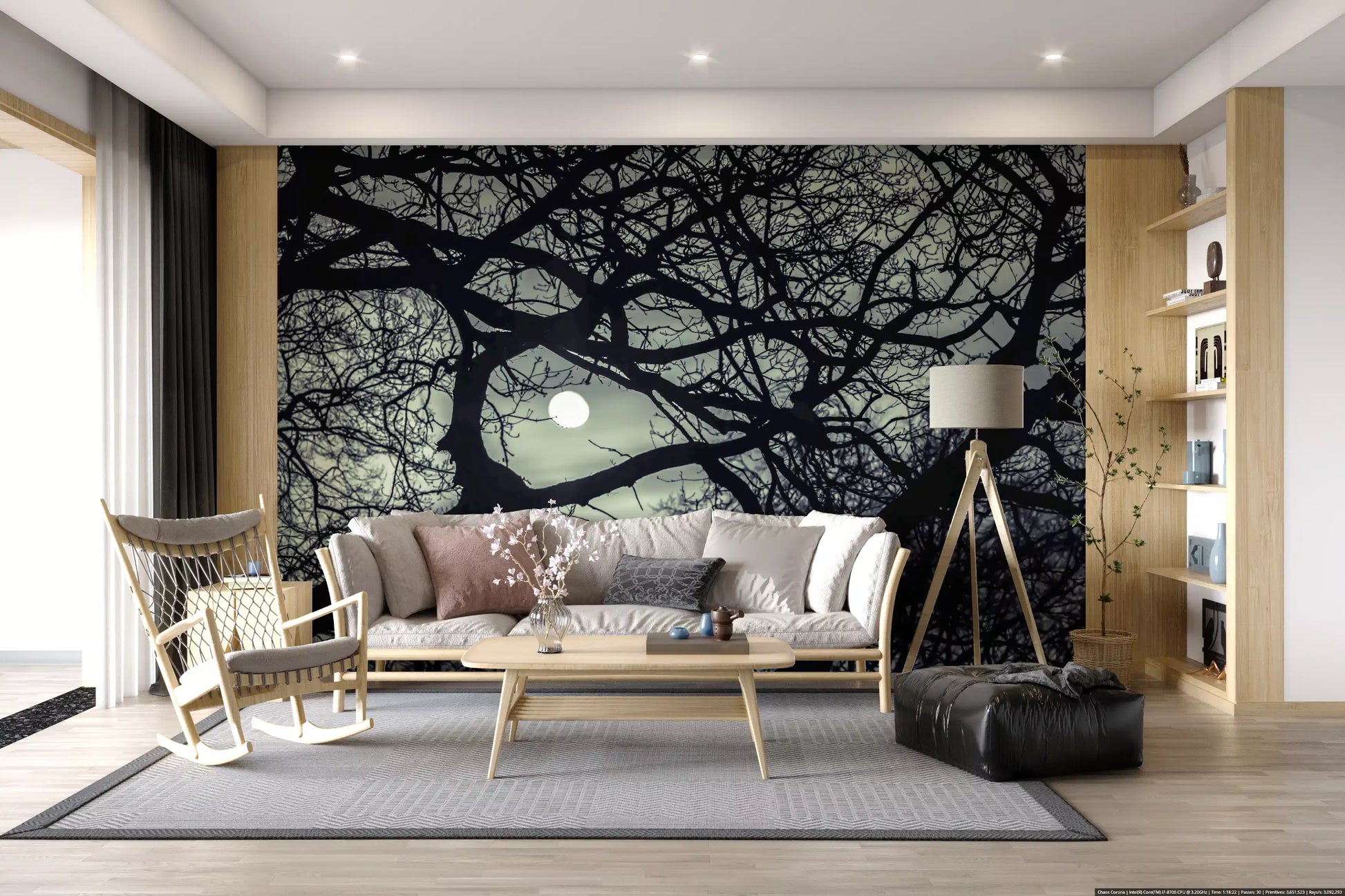 Winter branches and moon in the Midnight Branches wall mural on a living room, GD9749