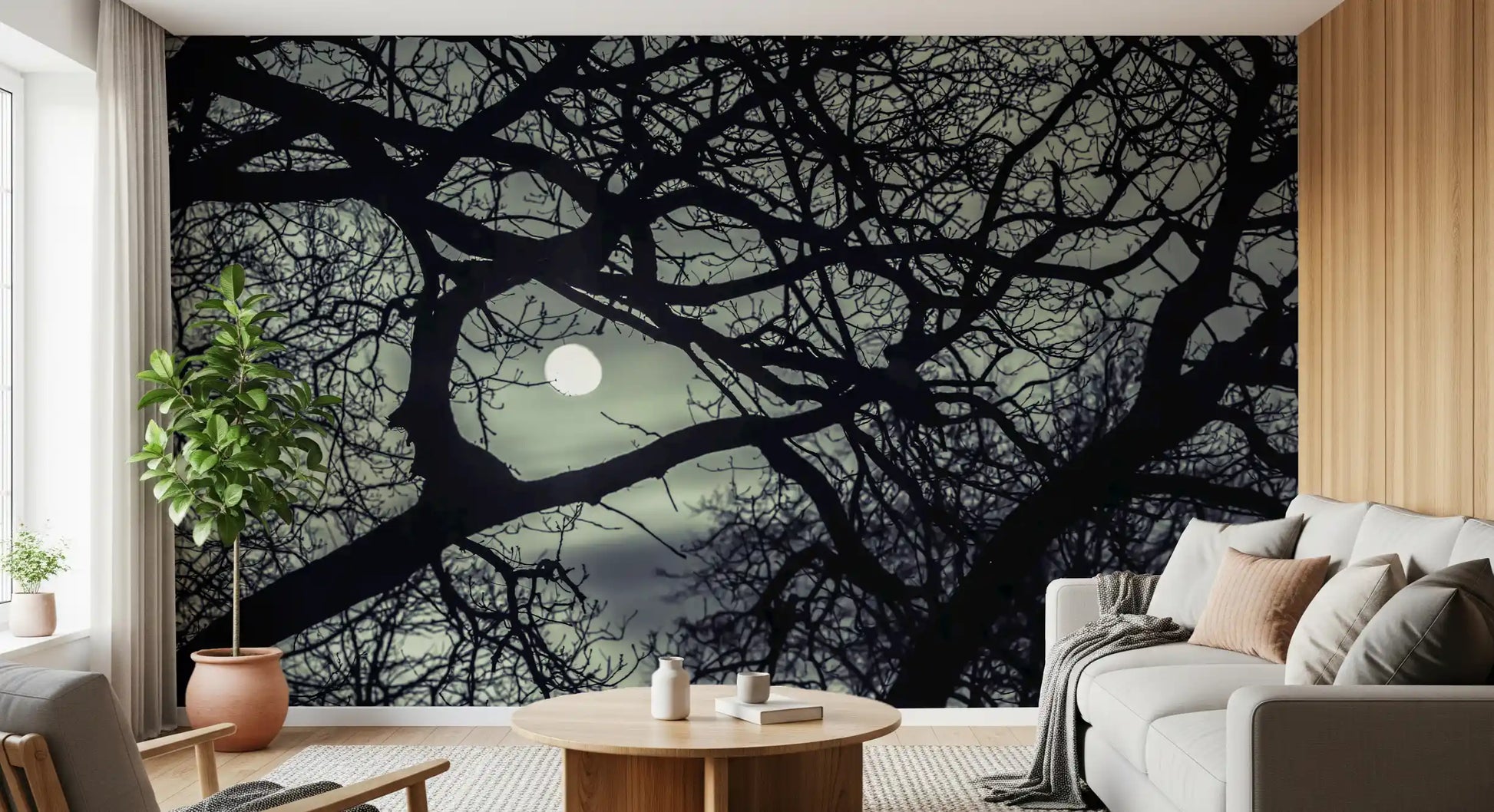 Intricate branch network on the Midnight Branches wall mural in grey and black, GD9749