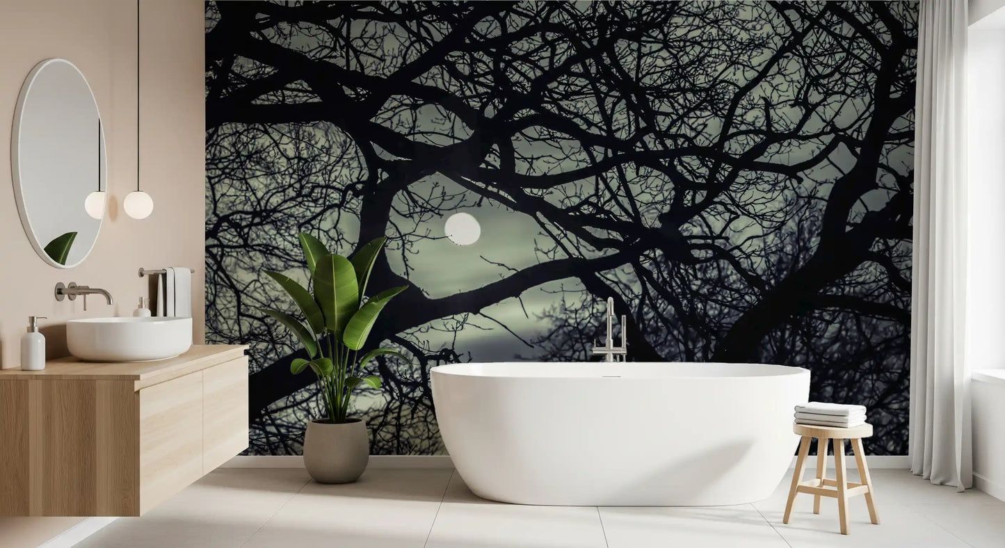Upward view through tree canopy in the Lunar Silhouette wall mural at night, GD9749