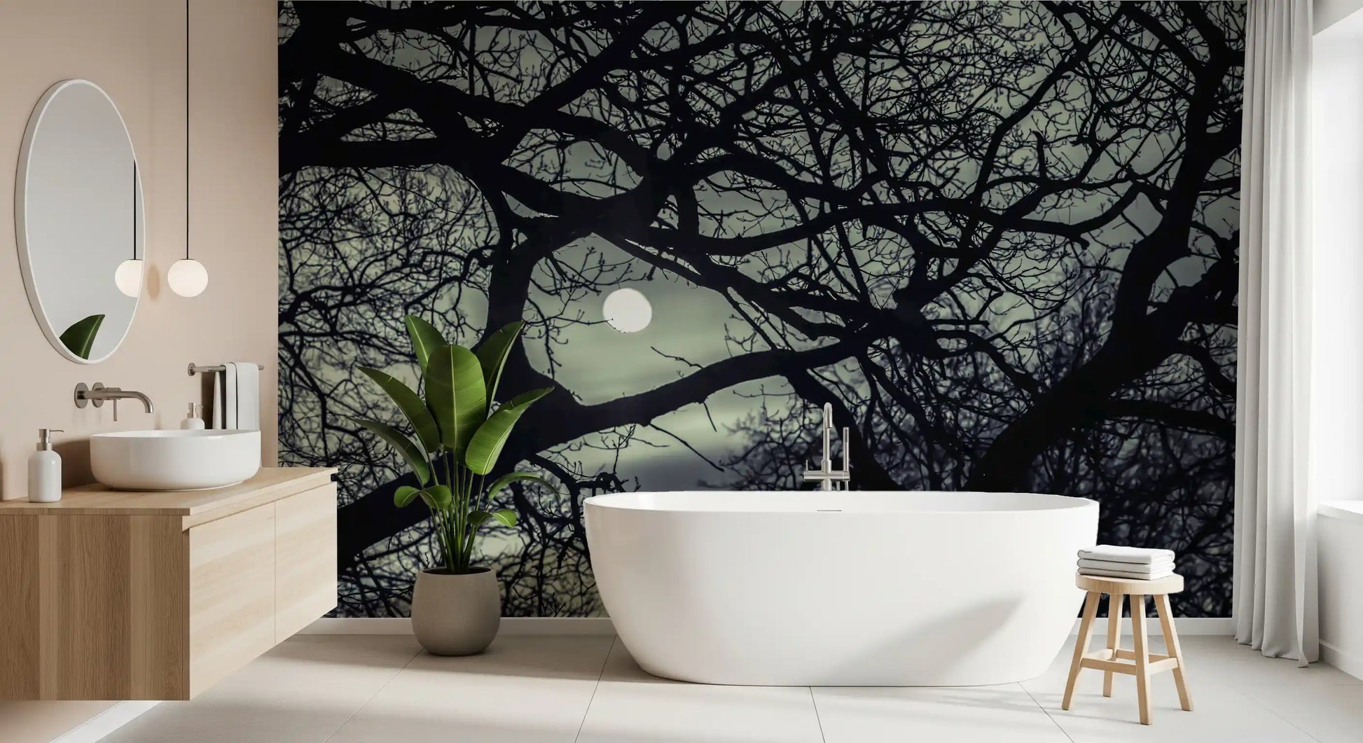 Upward view through tree canopy in the Lunar Silhouette wall mural at night, GD9749