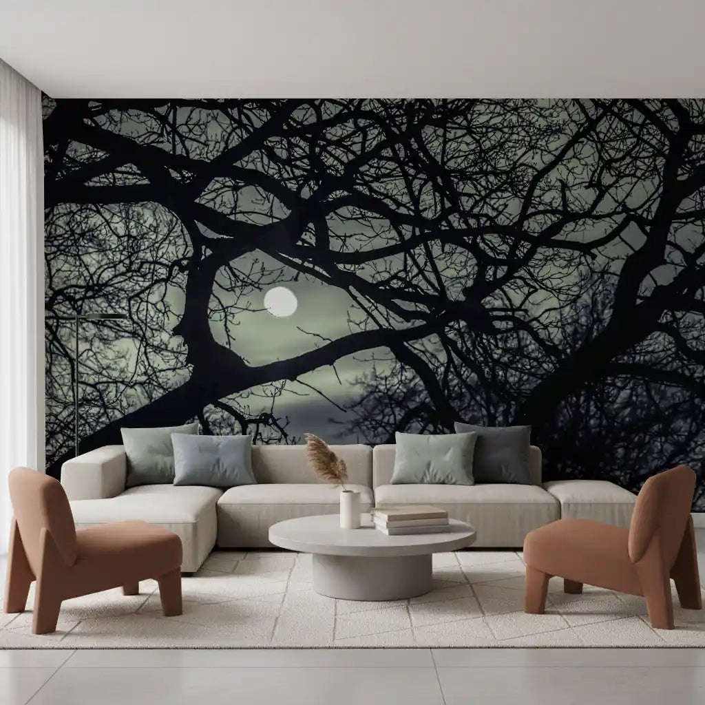Full moon glowing through dark canopy in the Midnight Branches wall mural, GD9749
