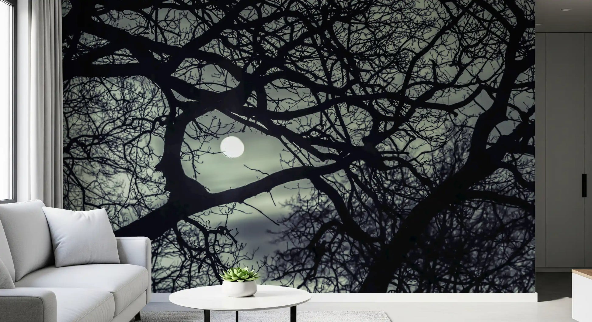 Midnight Branches wall mural in a Living room setting, moonlit and moody, GD9749