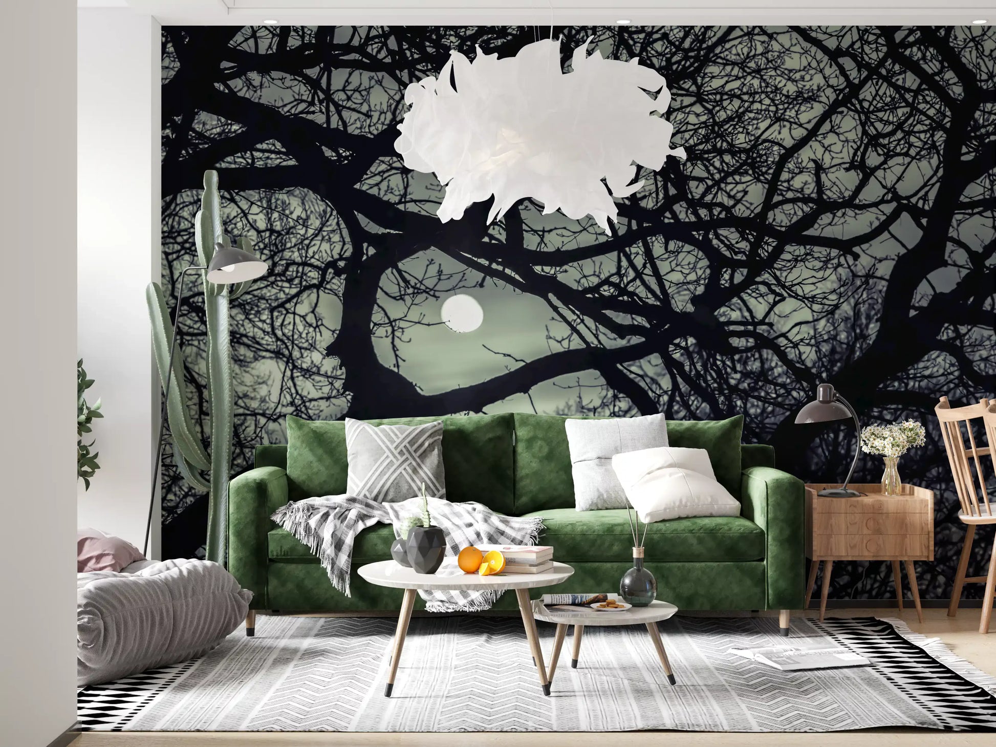 Lunar Silhouette wall mural with bare branches silhouetted against a night sky, GD9749