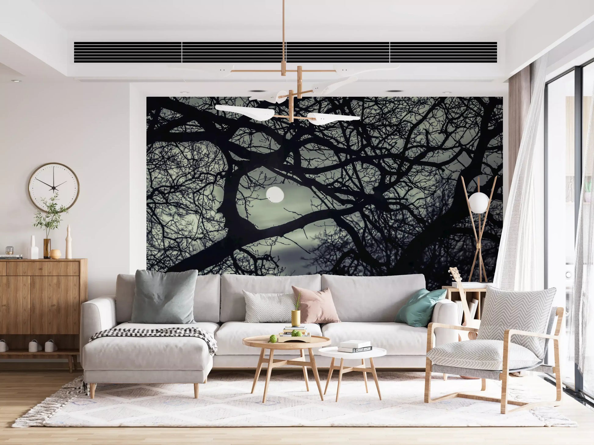 Atmospheric moon and branches wall mural on a living room with greenery, GD9749