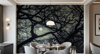 Bare winter tree silhouettes on the Lunar Silhouette wall mural in deep teal, GD9749