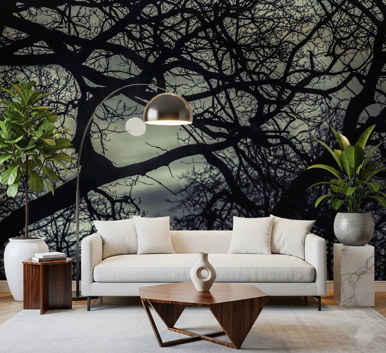 Dark branching Lunar Silhouette wall mural covering a living room in teal and black