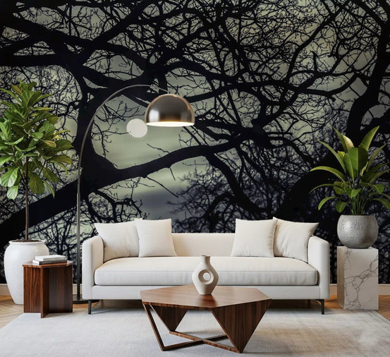 Dark branching Lunar Silhouette wall mural covering a living room in teal and black, GD9749