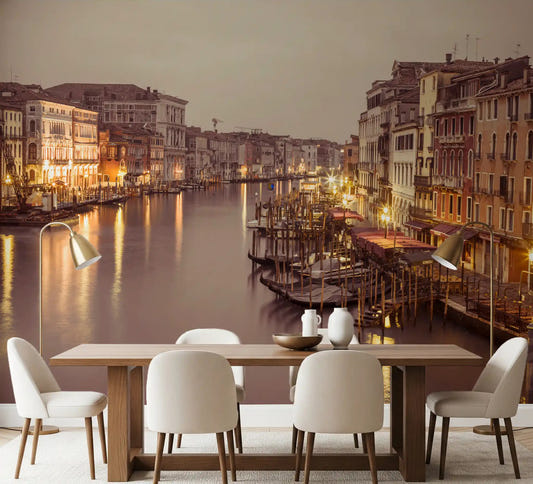 Venetian Grand Canal Glow wall mural filling a dining room