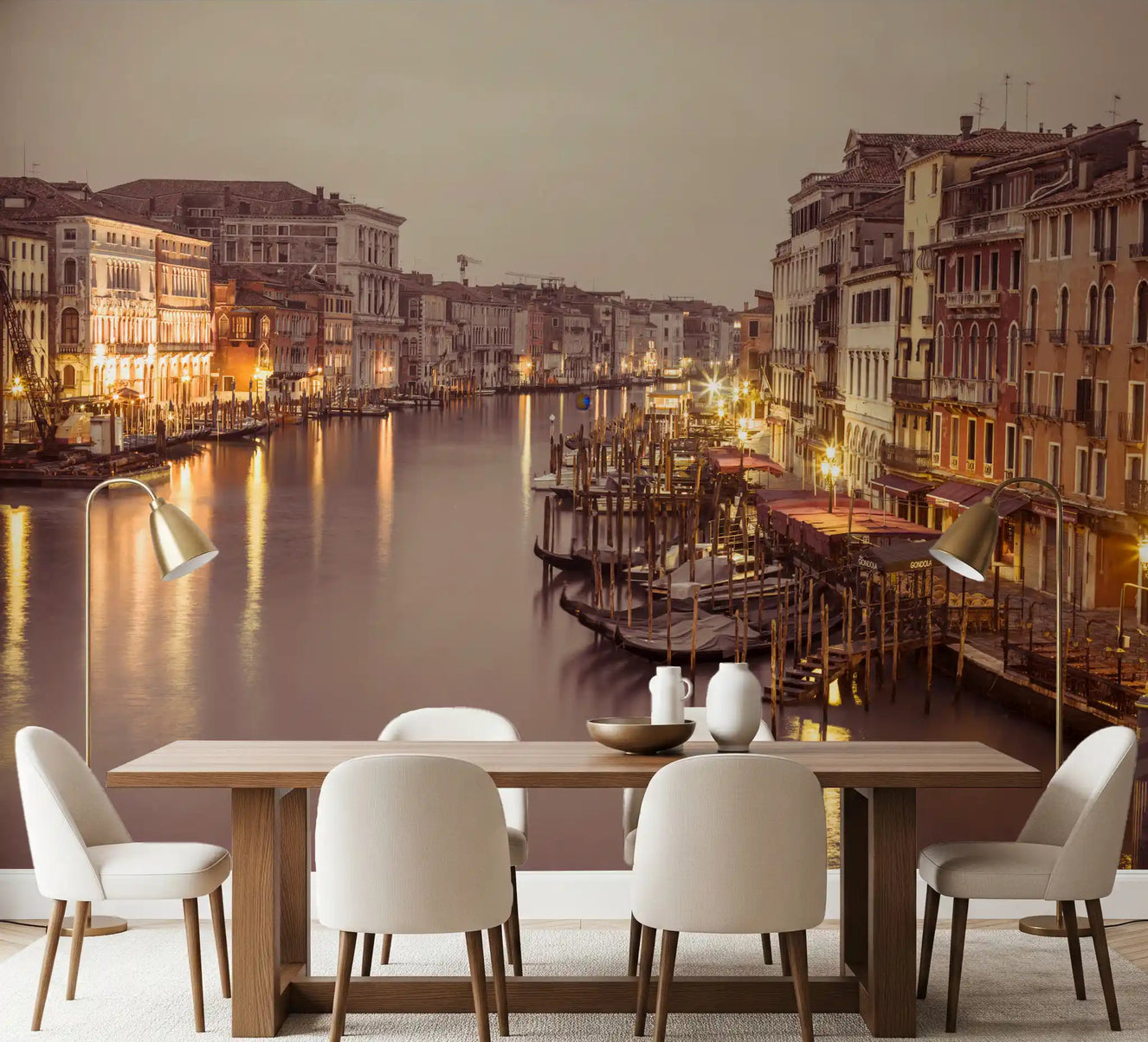 Venetian Grand Canal Glow wall mural filling a dining room