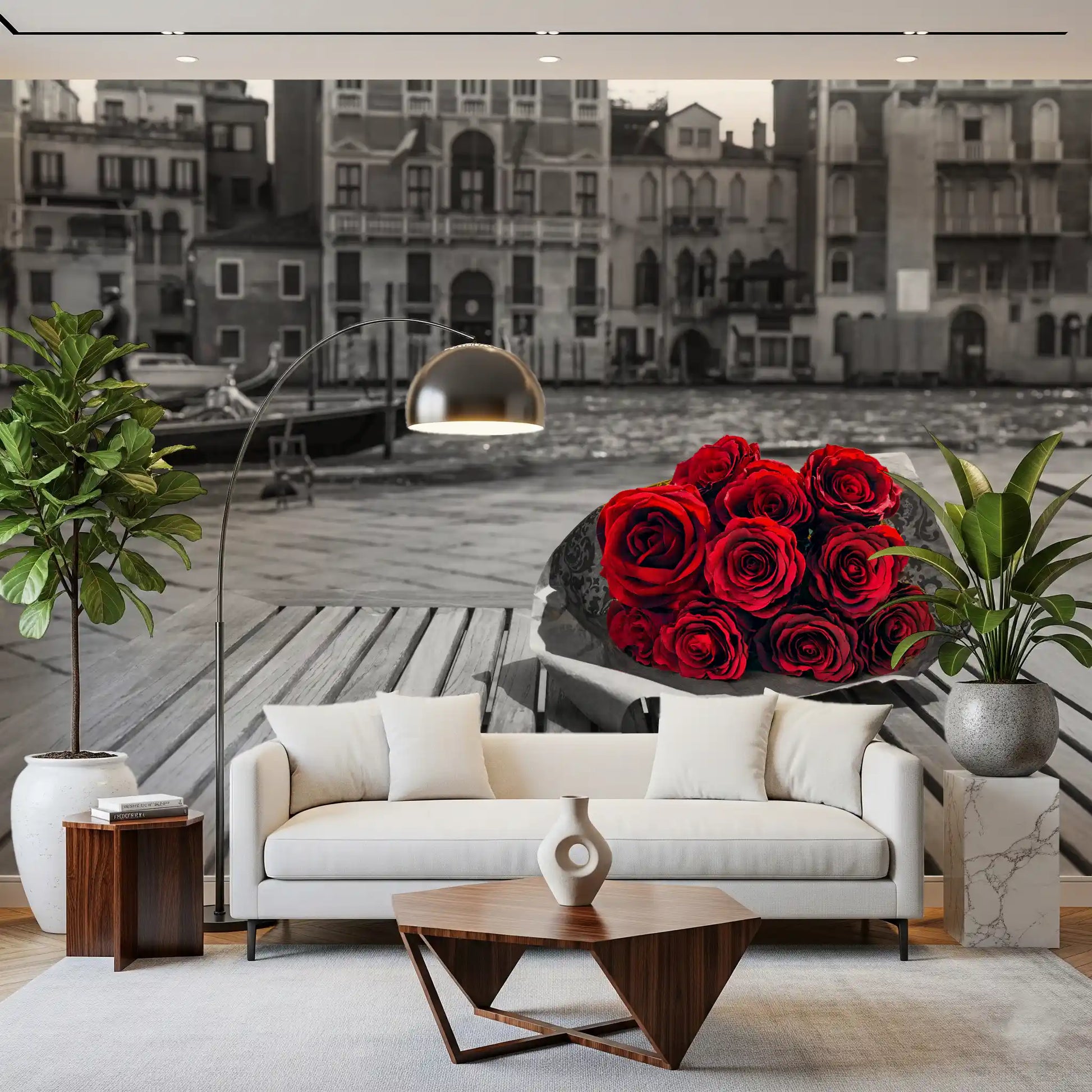 Vivid red bouquet against a greyscale Venice canal in this wall mural, GD9751