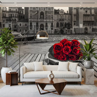 Vivid red bouquet against a greyscale Venice canal in this wall mural, GD9751