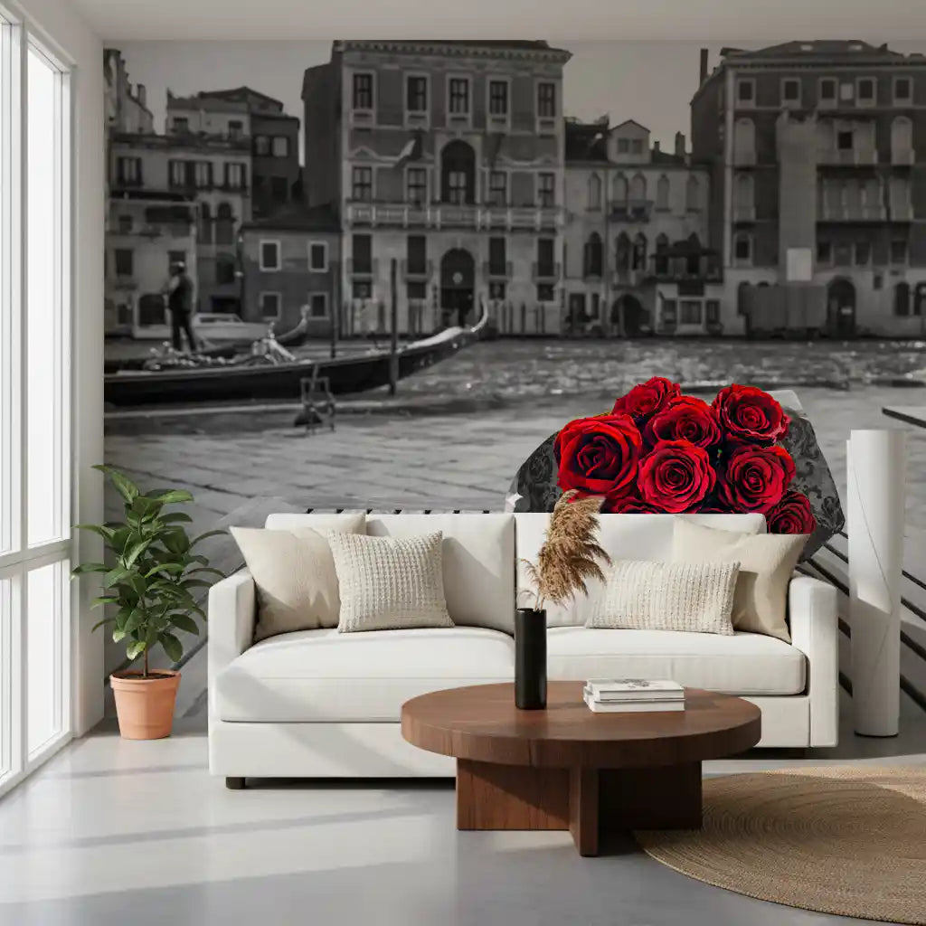Grey Venice wall mural with red roses detail spanning a full living room
