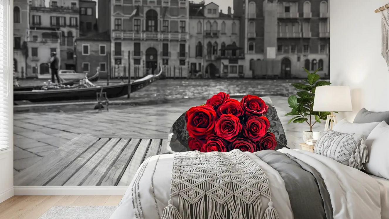 Red Roses Venice wall mural anchoring a bedroom in vivid red and grey tones