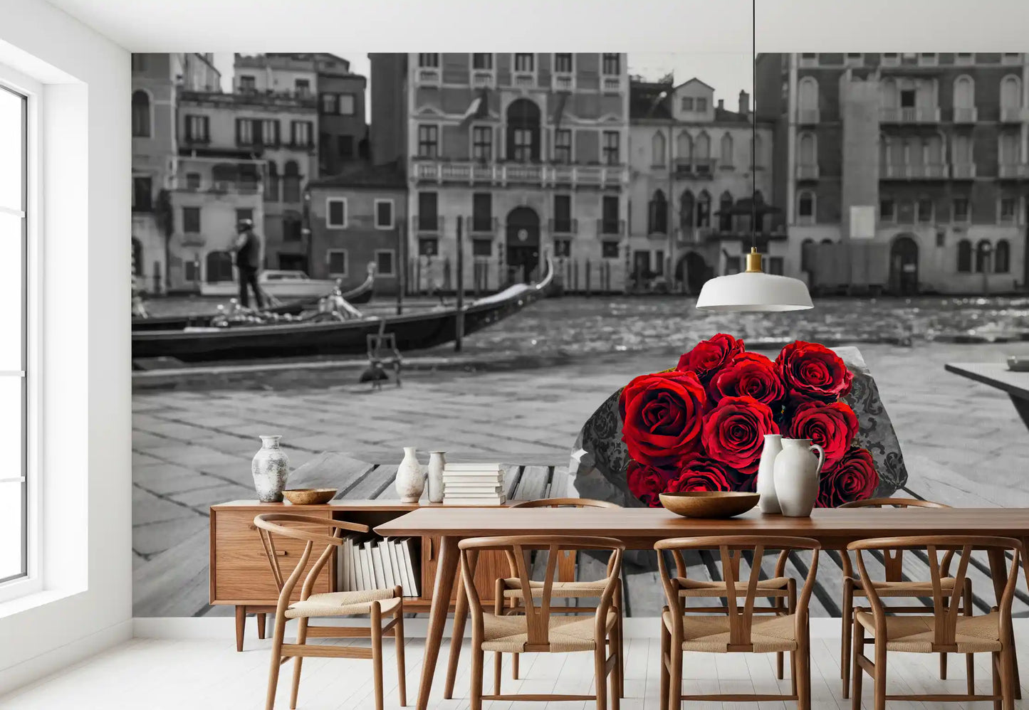 Deep red roses and grey city backdrop on the Red Roses Venice wall mural, GD9751