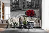 Grey Venice Canal wall mural showing gondolas and historic facades in monochrome, GD9751
