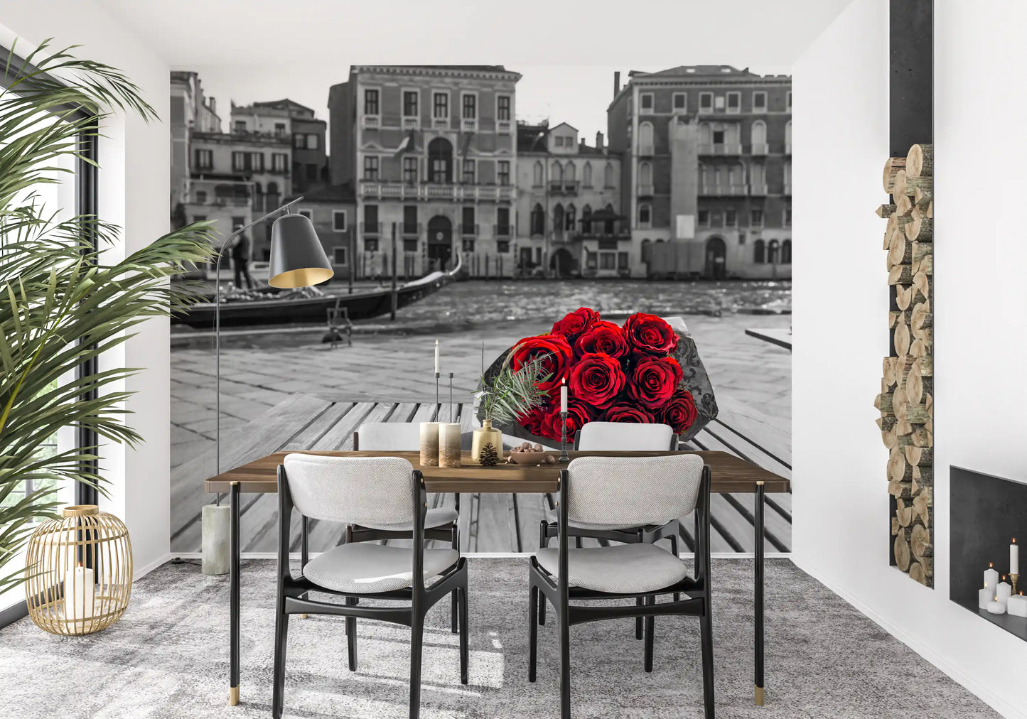 Red Roses Grey Venice wall mural with bold selective colour contrast, GD9751