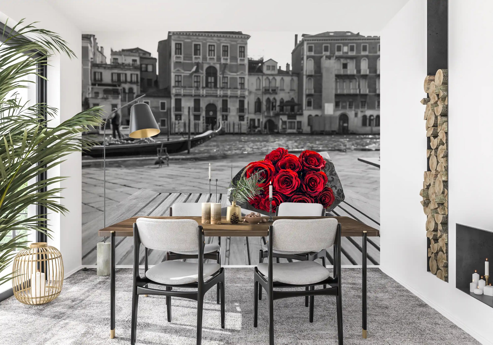 Red Roses Grey Venice wall mural with bold selective colour contrast, GD9751