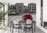 Red Roses Grey Venice wall mural with bold selective colour contrast, GD9751