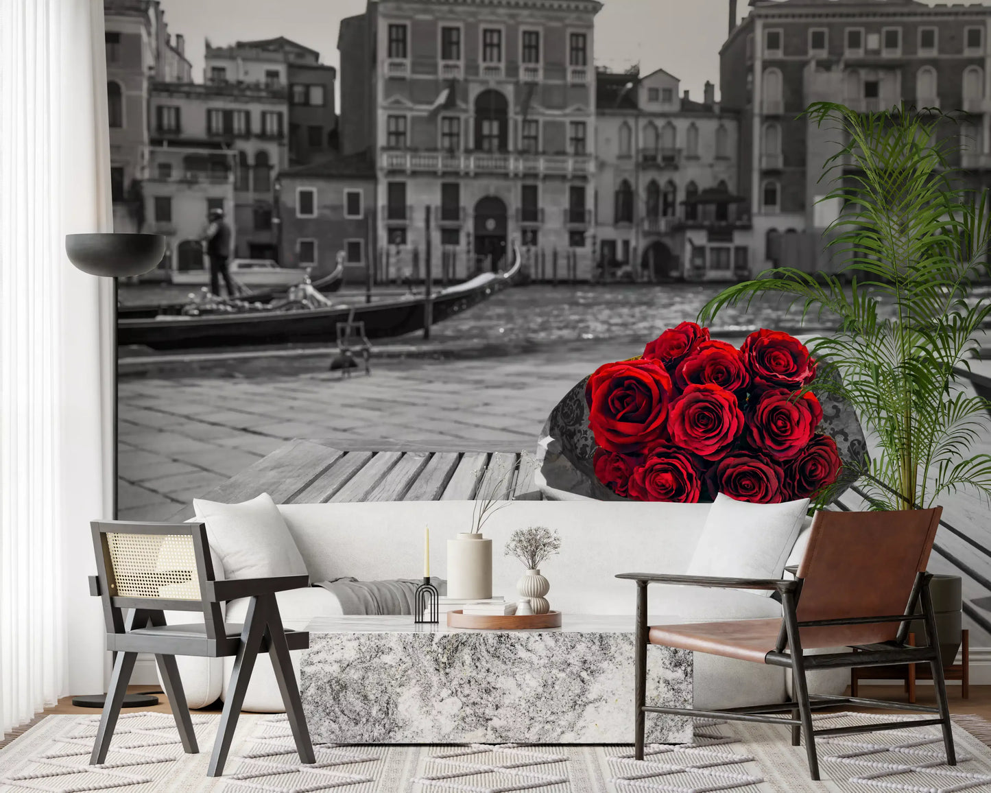 Red roses pop against grey in this Venice wall mural in a Living room, GD9751