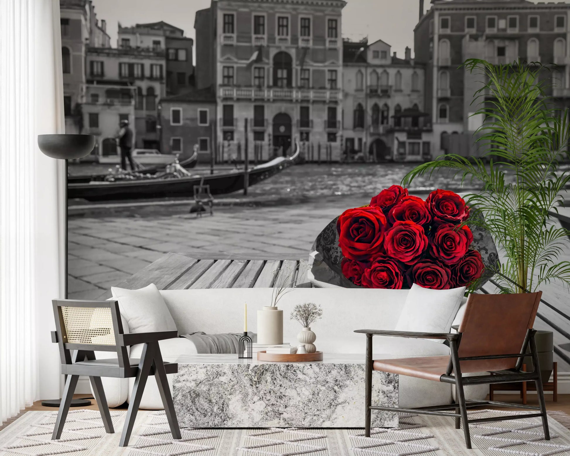 Red roses pop against grey in this Venice wall mural in a Living room, GD9751