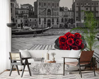 Red roses pop against grey in this Venice wall mural in a Living room, GD9751