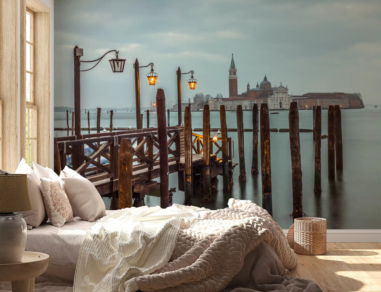 Venetian Twilight Pier wall mural wrapped around a full bedroom