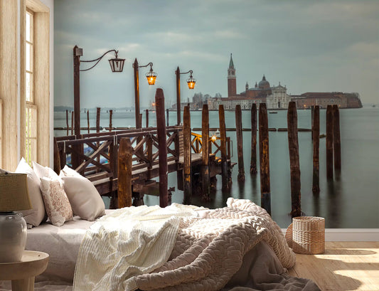Venetian Twilight Pier wall mural wrapped around a full bedroom