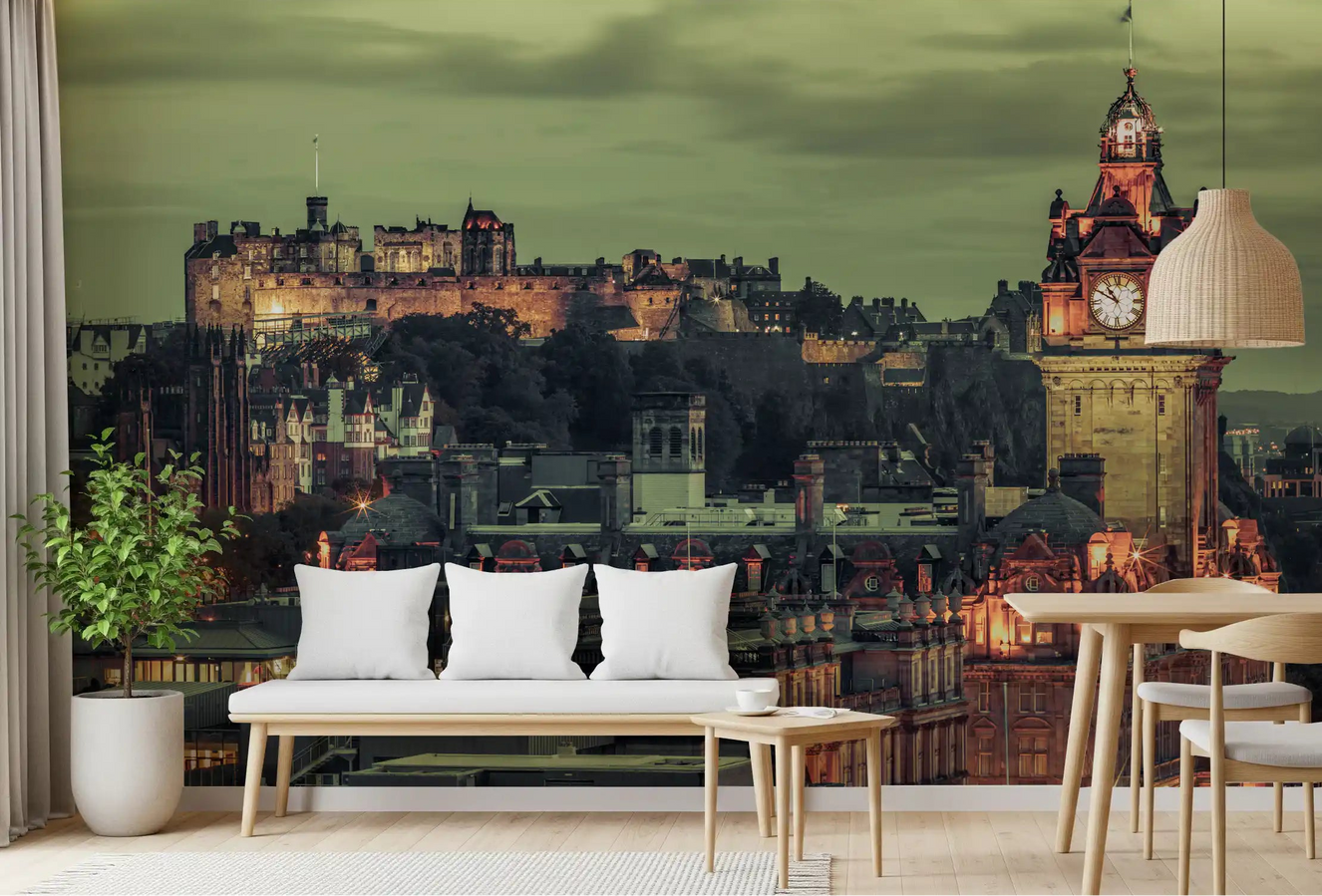 Edinburgh's Grandeur wall mural wrapping a Dining room in green and amber tones