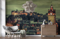 Edinburgh cityscape wall mural filling a hallway with moody amber and green