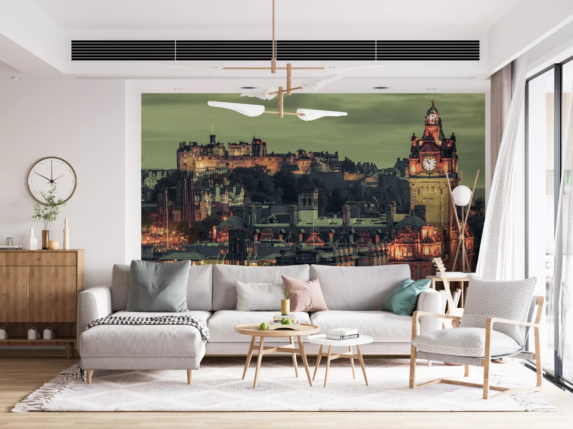 Castle and clock tower wall mural spanning a Living room with a dusk city view