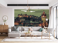 Castle and clock tower wall mural spanning a Living room with a dusk city view