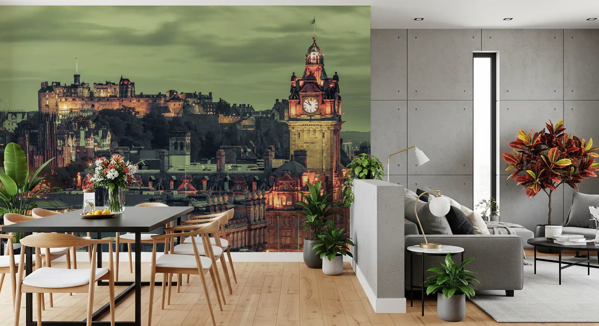 City skyline wall mural sweeping a Living and dining room  in Edinburgh dusk atmosphere