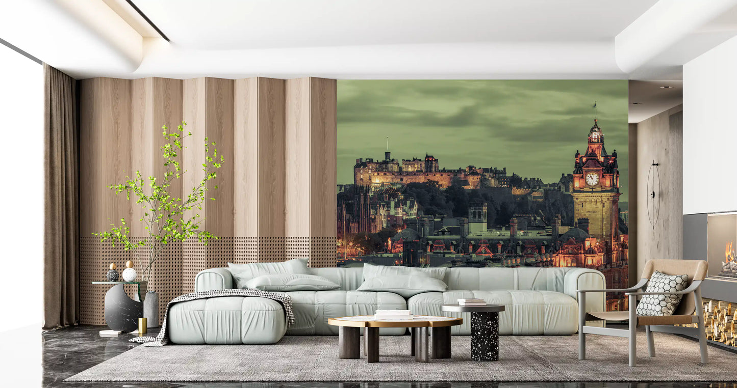 Layered Edinburgh skyline wall mural with green sky, amber buildings, and spires
