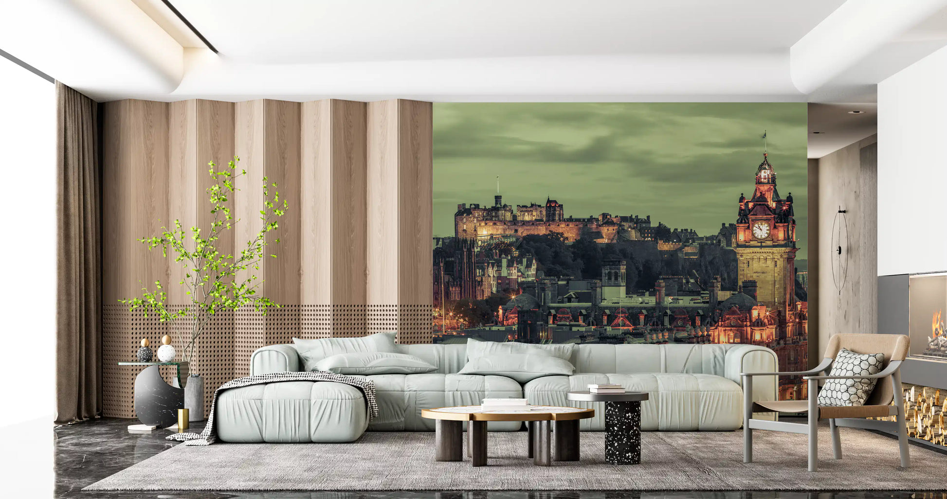 Layered Edinburgh skyline wall mural with green sky, amber buildings, and spires