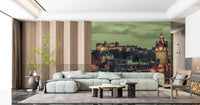 Layered Edinburgh skyline wall mural with green sky, amber buildings, and spires