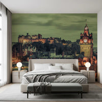 Wide skyline wall mural opening up a bedroom with Edinburgh's historic glow