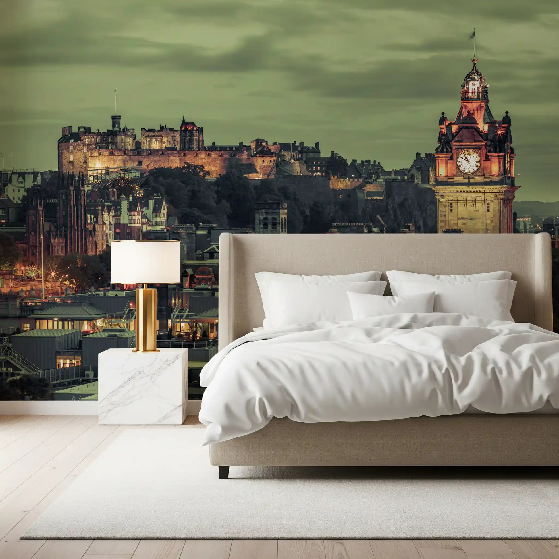 Edinburgh Castle lit at night behind the Balmoral clock tower in this wall mural