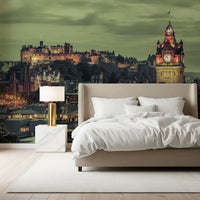 Edinburgh Castle lit at night behind the Balmoral clock tower in this wall mural