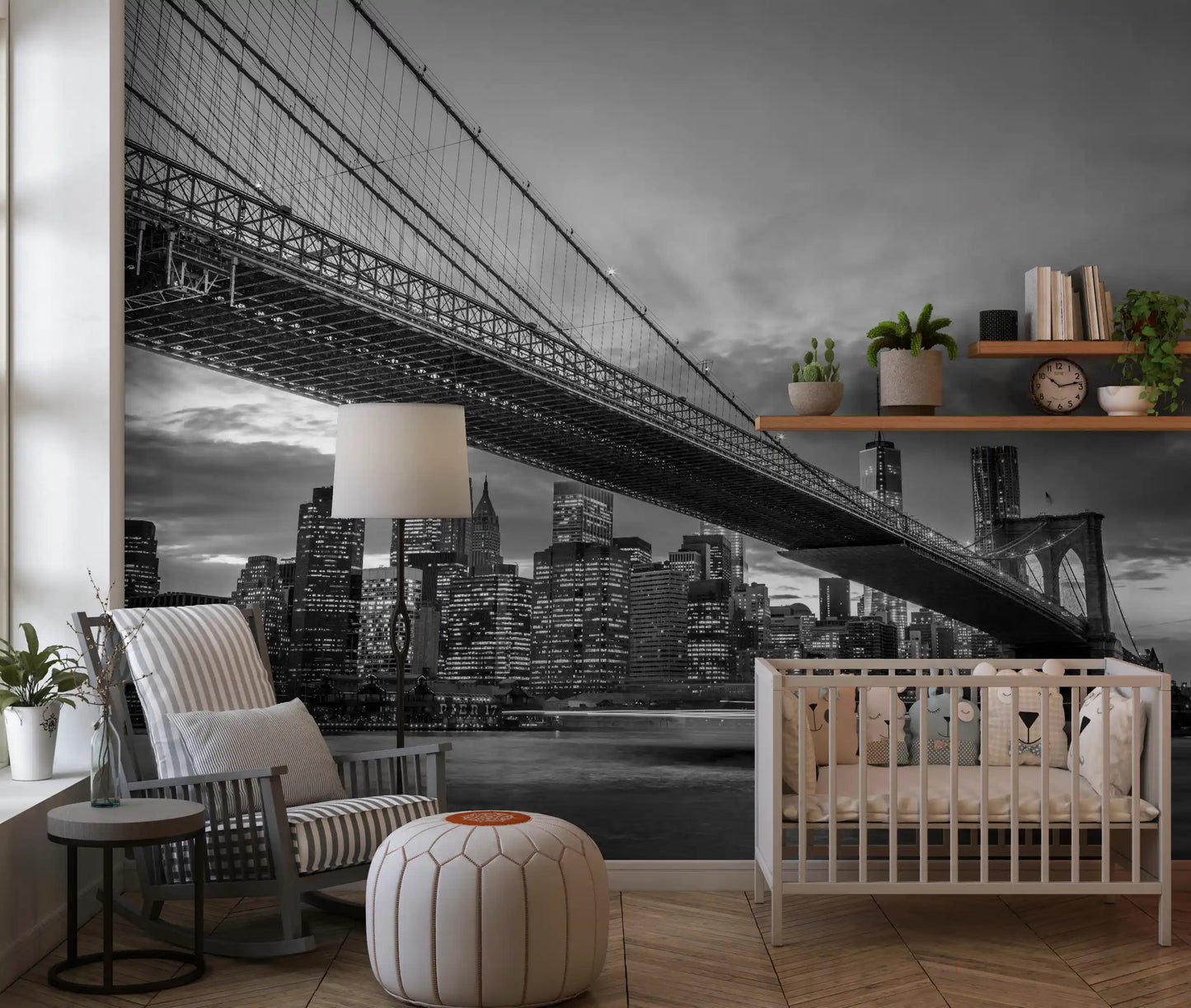 Iconic NYC Bridge and skyline wall mural in a Nursery areea 