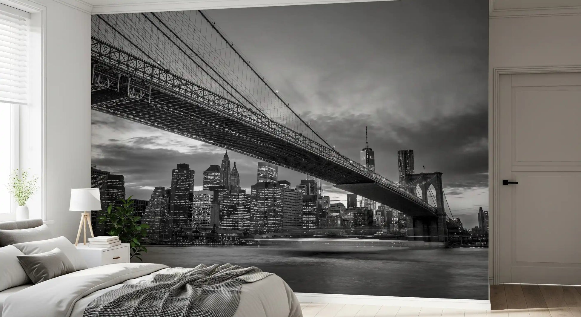 Brooklyn Bridge night wall mural with Manhattan skyline below