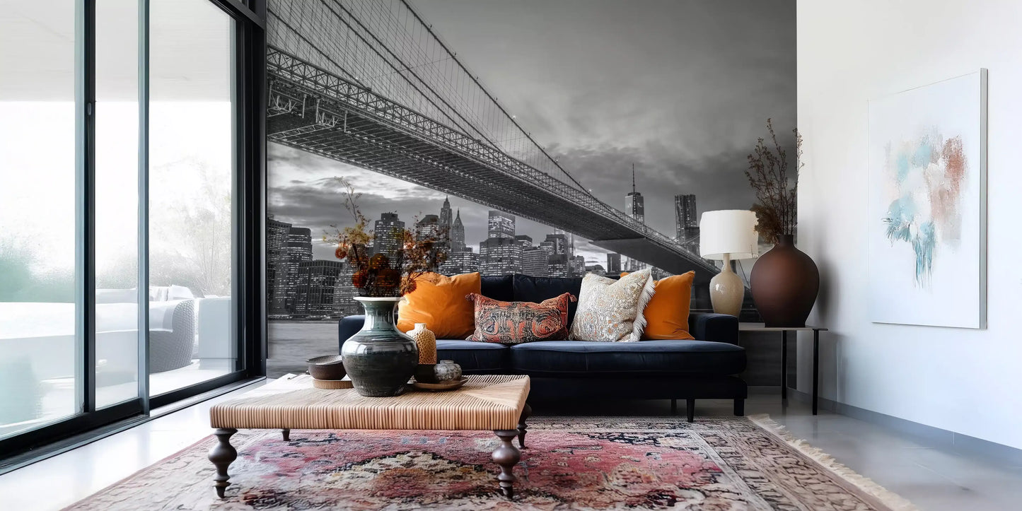 NYC skyline and bridge wall mural displayed in a lounge area 