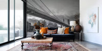 NYC skyline and bridge wall mural displayed in a lounge area 