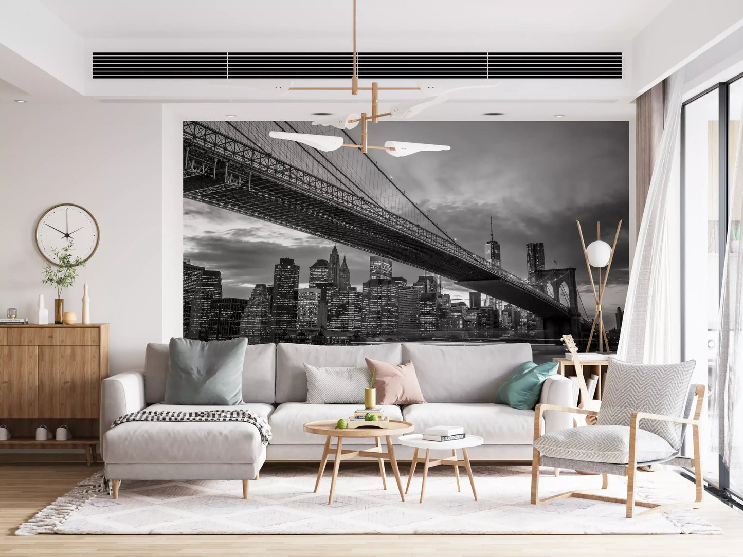 Wide-angle bridge and river city wall mural in deep monochrome