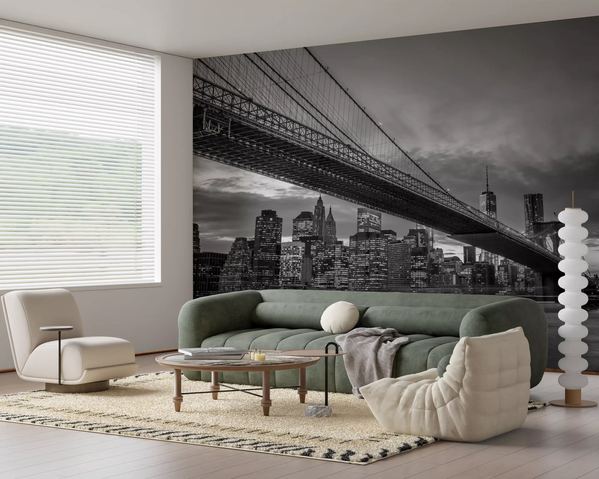 Under the Brooklyn Bridge wall mural capturing the NYC skyline
