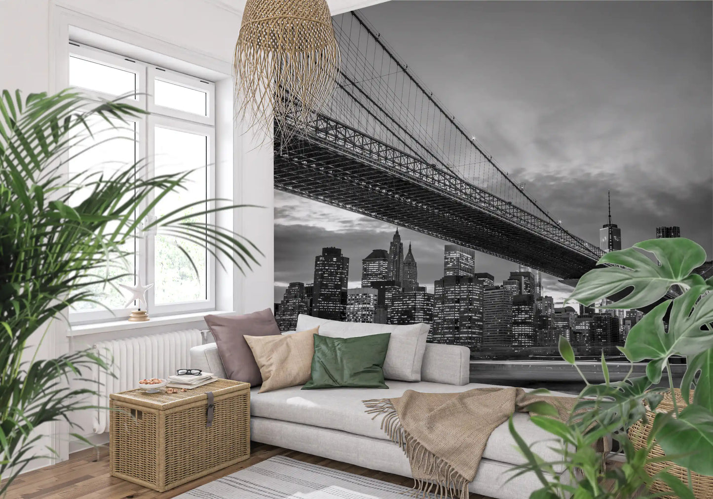 Cable bridge and city lights wall mural installed in a hallway