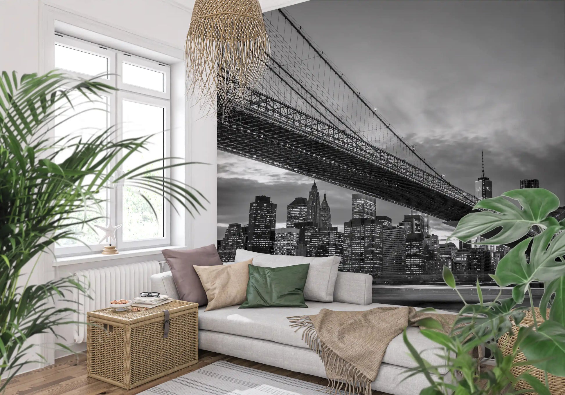 Cable bridge and city lights wall mural installed in a hallway