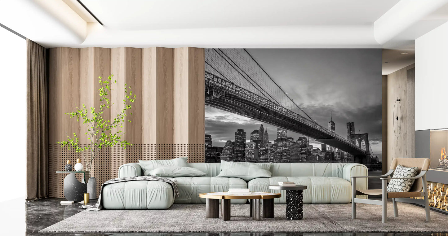 Monochrome Brooklyn Bridge night wall mural installed in a living room