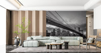 Monochrome Brooklyn Bridge night wall mural installed in a living room